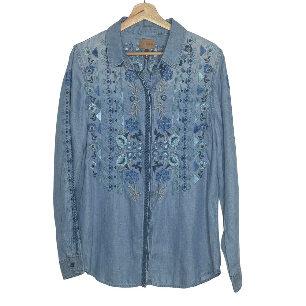Driftwood Lana Embroidered Tencel Button Down Shirt Blue Floral Womens Medium